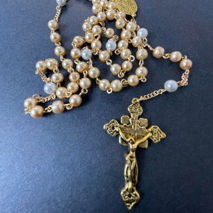 Handmade Light Gold / White Glass Pearl Rosary